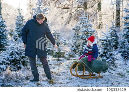 Happy little girl and dad pushing Christmas tree on sleigh. Preschool child with father, young man on fir cutting plantation. Family choose, cut and fell own xmas tree in forest. Germany tradition Happy little girl and dad pushing Christmas tree on sleigh. Preschool child with father, young man on fir cutting plantation. Family choose, cut and fell own xmas tree in forest. Germany tradition 108338629