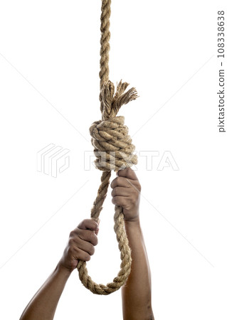 Man hand holding rope with a hangman noose knot 108338638