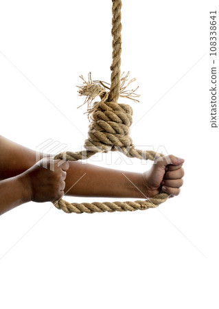 Man hand holding rope with a hangman noose knot Man hand holding rope with a hangman noose knot 108338641