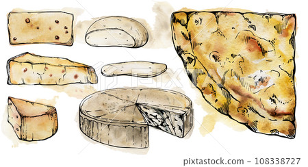 Hand drawn watercolor ink illustration. Quattro formaggi four cheeses pizza slice, Italian cuisine. Set of objects isolated on white. Design restaurant menu, cafe, food shop or package, flyer print. Hand drawn watercolor ink illustration. Quattro formaggi four cheeses pizza slice, Italian cuisine. Set of objects isolated on white. Design restaurant menu, cafe, food shop or package, flyer print. 108338727