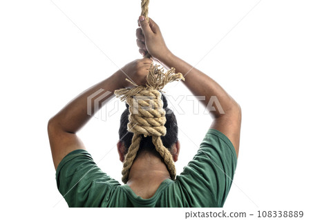 Man hanged in rope with a hangman noose knot 108338889