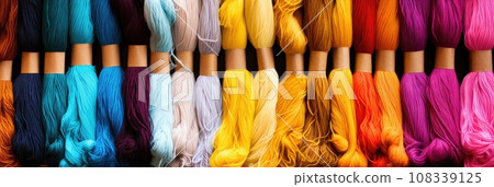 banner of colorful cotton craft threads. Generative AI banner of colorful cotton craft threads. Generative AI 108339125