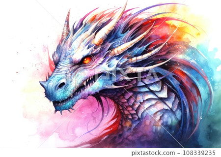 watercolor fantasy colorful portrait of dragon on white background watercolor fantasy colorful portrait of dragon on white background 108339235