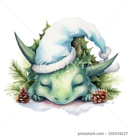 Fantasy watercolor christmas sleeping dragon in santa hat on white background. 108339237