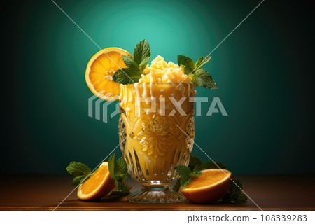 Summer yellow cocktail with orange and mint on green 108339283