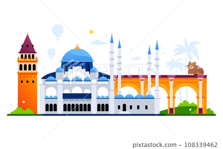 Historic buildings in Turkey - modern colored vector illustration 108339462