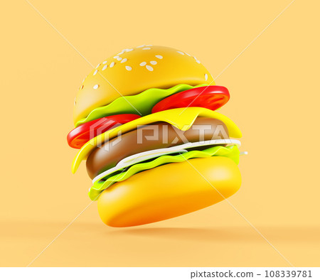 3d render fast food burger icon. Flying hamburger with bread, sesame, meat, cheese, salad, tomato, onions, isolated sandwich. Beef cheeseburger delivery application. Cartoon design. 3D illustration 3d render fast food burger icon. Flying hamburger with bread, sesame, meat, cheese, salad, tomato, onions, isolated sandwich. Beef cheeseburger delivery application. Cartoon design. 3D illustration 108339781