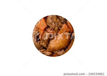 Delicious vegetable stew of potatoes, beef meat, mushrooms, carrots, salt, spices and herbs 108339961