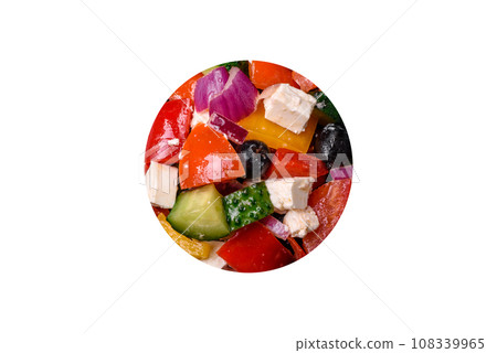 Delicious juicy Greek salad with feta cheese, olives, cucumber and tomatoes Delicious juicy Greek salad with feta cheese, olives, cucumber and tomatoes 108339965