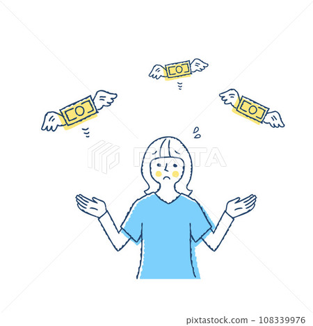 A young woman is troubled by her bills flying away. 108339976