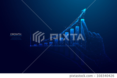 Growth graph chart. Digital hand pointing arrow up and histogram bar. Growth graph chart. Digital hand pointing arrow up and histogram bar. 108340426