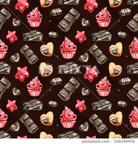 Sweet seamless pattern with chocolate. Watercolor Valentine illustration for any event decoration, black background, path included Sweet seamless pattern with chocolate. Watercolor Valentine illustration for any event decoration, black background, path included 108340450