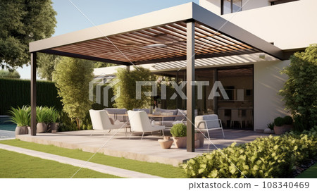 Trendy outdoor patio pergola shade structure, awning and patio roof Trendy outdoor patio pergola shade structure, awning and patio roof 108340469