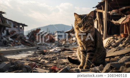 A frightened cat sits on the wreckage of a house 108340518