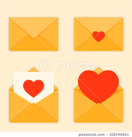 Set Flat Style Vector Yellow Envelopes with Red Hearts 108340681