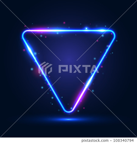 Neon triangular frame with shining effects and highlights on a dark blue background. 108340794