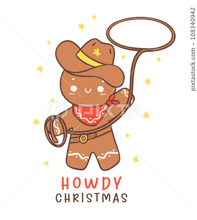 Cute Cowboy Christmas Gingerbread Man Cookie Cartoon Character hand drawing 108340942