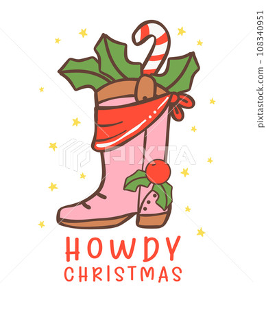 Cute Cowboy Christmas with Western pink Boot Cartoon Character hand drawing Cute Cowboy Christmas with Western pink Boot Cartoon Character hand drawing 108340951