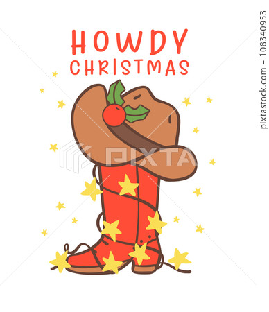 Cute Cowboy Christmas with Western Boot Cartoon Character hand drawing Cute Cowboy Christmas with Western Boot Cartoon Character hand drawing 108340953