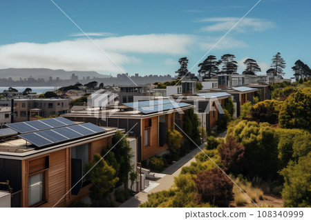 Solar panel installations harmonize with urban living, painting a future of eco-conscious choices. Generative AI. Solar panel installations harmonize with urban living, painting a future of eco-conscious choices. Generative AI. 108340999