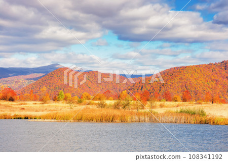 mountainous countryside landscape with lake in autumn. scenery in fall colors. bright sunny weather with clouds on the sky 108341192