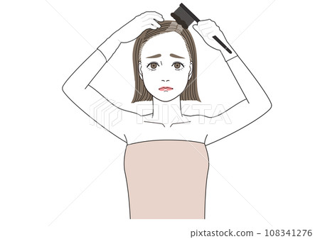A woman retouching her growing gray hair with self-coloring, a troubled expression A woman retouching her growing gray hair with self-coloring, a troubled expression 108341276