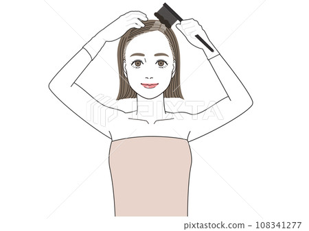 A smiling woman dyeing her growing gray hair by herself 108341277