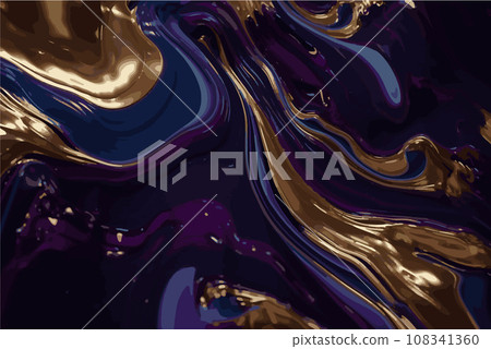 Abstract luxury fluid art painting in alcohol ink technique, Imitation of marble stone cut and mixture of blue and purple paints, glowing golden veins vector illustration. eps 10 108341360
