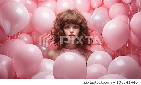 Portrait of young woman with pink balloons around, pink colour concept 108341440