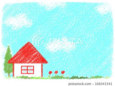 田野和紅屋頂房子的蠟筆插圖[A4，水平] 108341541