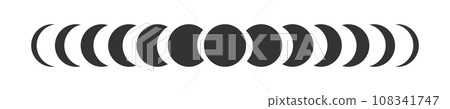 Moon phases. Lunar calendar cycle. Waning and waxing Luna sphere silhouettes isolated on white background. New, quarter, half and full Moon shapes. Astrology concept 108341747