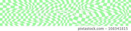 Psychedelic pattern with warped green and white squares. Distorted chess board background. Checkered optical illusion. Crazy geometric design. Trippy checkerboard surface Psychedelic pattern with warped green and white squares. Distorted chess board background. Checkered optical illusion. Crazy geometric design. Trippy checkerboard surface 108341815