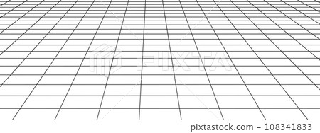 Horizontal perspective grid. Tile floor texture. Checkered plane pattern. Squared surface. Geometric design. Mesh background. Room wireframe 108341833