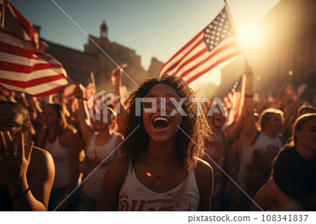 Beautiful girl against the background of a crowd of people celebrating Independence Day. Flag of the United States of America USA with fireworks for the 4th of July 108341837