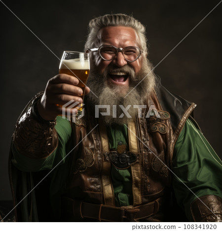 bearded red-haired superhero in a green suit drinks beer, rejoices and holds the glass up. bearded red-haired superhero in a green suit drinks beer, rejoices and holds the glass up. 108341920