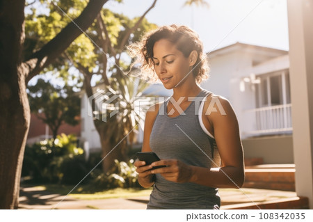 Hispanic woman using phone before morning jog Hispanic woman using phone before morning jog 108342035