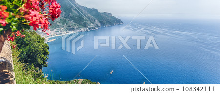 Scenic panoramic view of Amalfi Coast from Ravello, Italy Scenic panoramic view of Amalfi Coast from Ravello, Italy 108342111