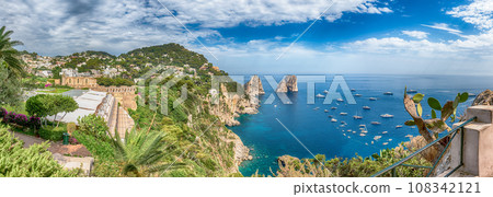 View over Marina Piccola and Faraglioni, iconic landmarks, Capri, Italy 108342121