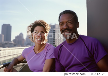 Active international middle aged couple, man and woman in sportswear, looking happy while jogging outdoors and exercising together in an urban environment 108342123