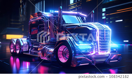 Futuristic Cyberpunk Truck Concept Illustration on Highway 108342182