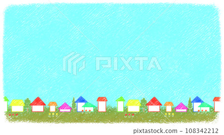 鬱鬱蔥蔥的住宅區和藍天的蠟筆藝術[16:9] 108342212