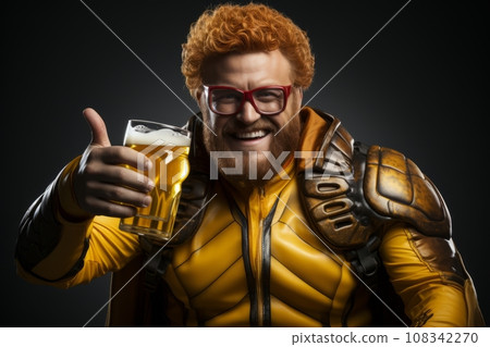 bearded red-haired superhero in a yellow suit drinks beer on a dark background bearded red-haired superhero in a yellow suit drinks beer on a dark background 108342270