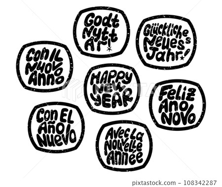 New Year grunge groovy stamps with scratches. Hand drawn black slogan Happy New Year in different languages in oval shape on white background. Typographic flat stickers New Year grunge groovy stamps with scratches. Hand drawn black slogan Happy New Year in different languages in oval shape on white background. Typographic flat stickers 108342287