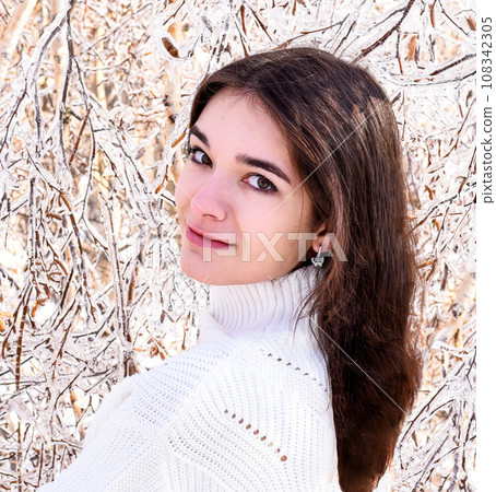 Portrait of young Russian woman in white sweater looking at camera next to frozen branches of birch trees, covered with ice. Winter forest in Russia Portrait of young Russian woman in white sweater looking at camera next to frozen branches of birch trees, covered with ice. Winter forest in Russia 108342305