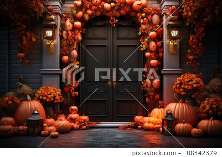 Front door decor with autumn flowers and pumpkins Front door decor with autumn flowers and pumpkins 108342379