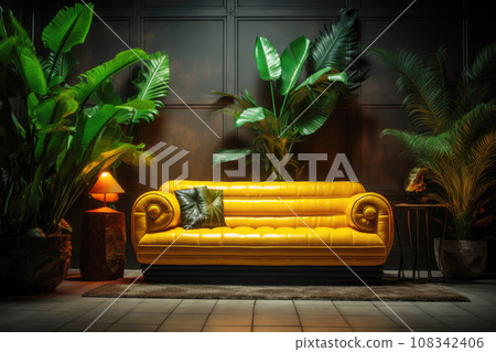 A sofa with neon lighting stands in a room with tropical plants 108342406