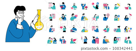 Medical service concept with people situations mega set in flat web design. Bundle scenes of diagnosis and therapy, laboratory test. Vector illustrations for social media banner, marketing material. 108342441