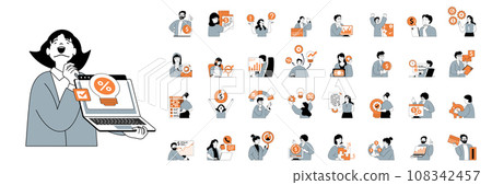 Business and finance concept with people situations mega set in flat web design. Bundle scenes of financial management and investment. Vector illustrations for social media banner, marketing material. 108342457