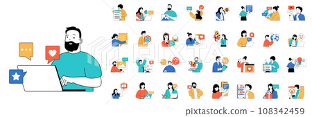 Social media concept with people situations mega set in flat web design. Bundle scenes of chatting, following, internet influence. Vector illustrations for social media banner, marketing material. 108342459