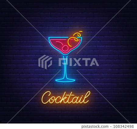 Cocktail neon sign on brick wall background. Cocktail neon sign on brick wall background. 108342498